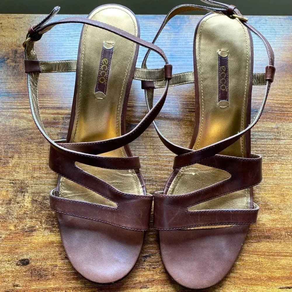 ECCO Women's Brown Leather Slingback Wedge Sandals Size EU40/US10 – Comfortable - Picture 3 of 6